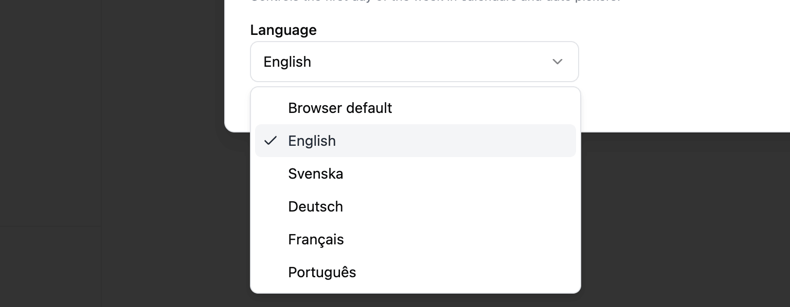 Account Settings showing a Language dropdown open with options Browser default, English (checked), Svenska, Deutsch, Français, and Português