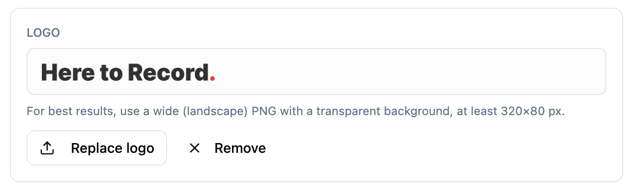 Organization Settings showing the logo control with an uploaded logo and Replace logo and Remove buttons
