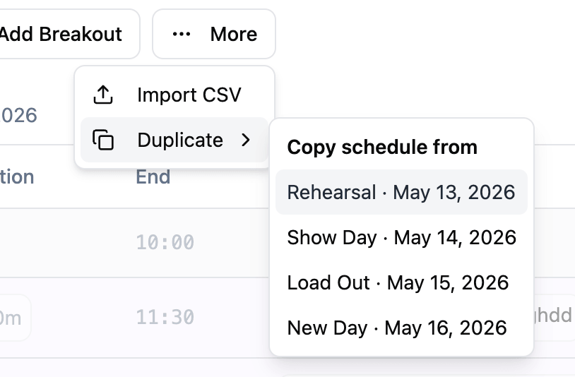 The More menu on the schedule table open with the Duplicate submenu showing a "Copy schedule from" list of other days to copy